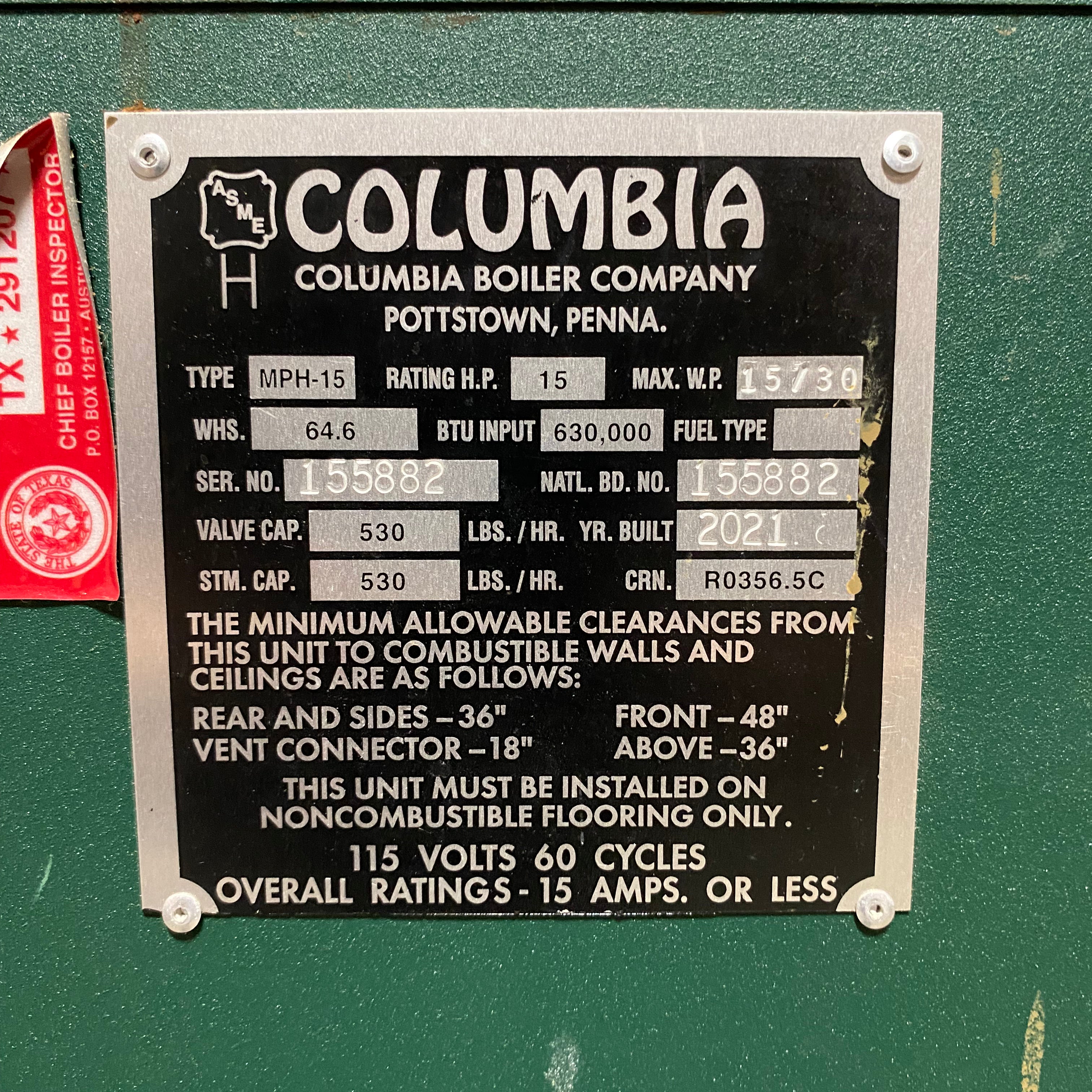 15hp Columbia Boiler