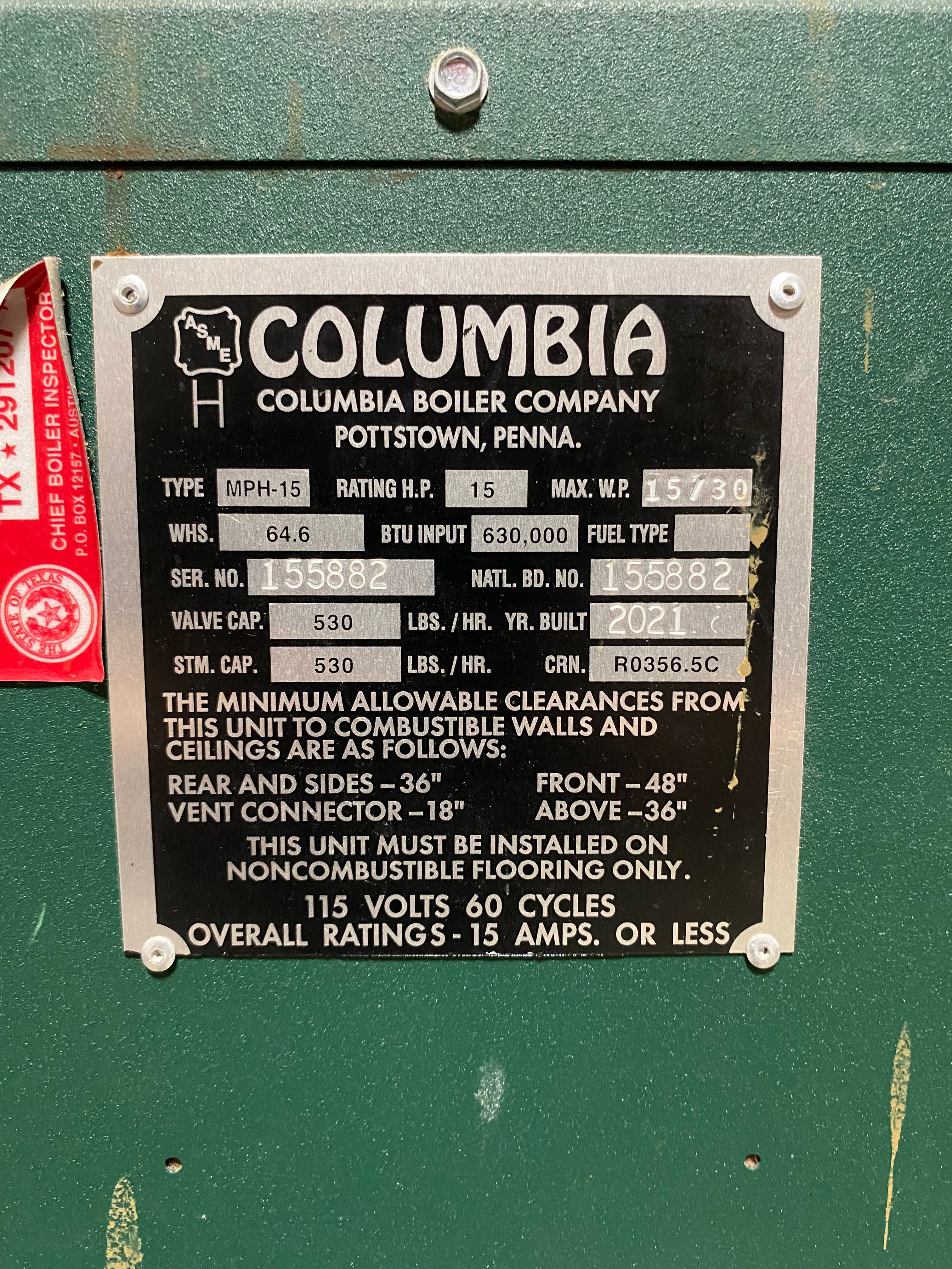 15hp Columbia Boiler